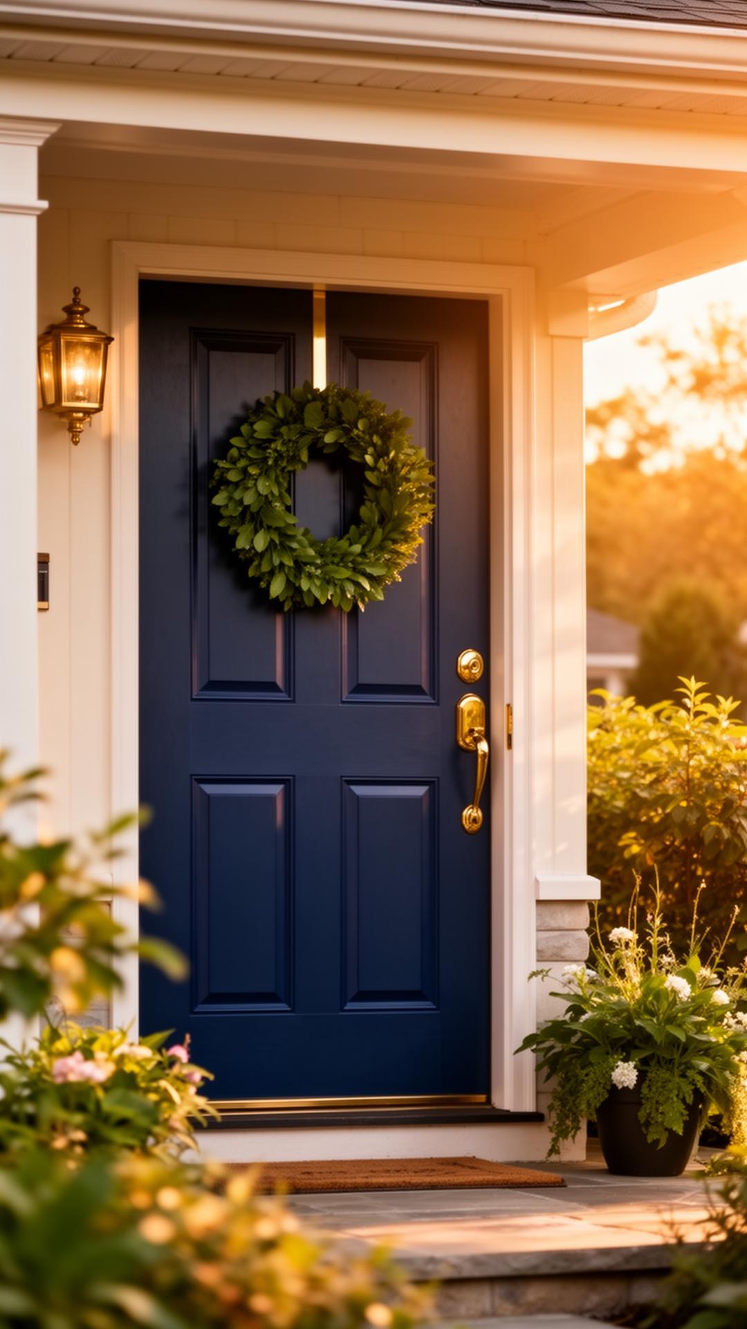 Welcoming navy front door of a warm furnished home at golden hour